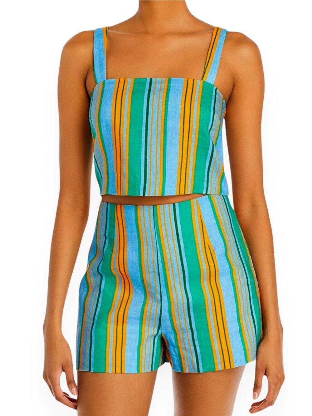 STAUD Rigina Top & Oscar Shorts 2 Piece Set Linen Colorful Stripes New NWT 8 10